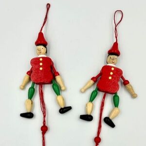 2 Pinocchio Jumping Pull String Dolls Toys Wooden Ornaments Italy